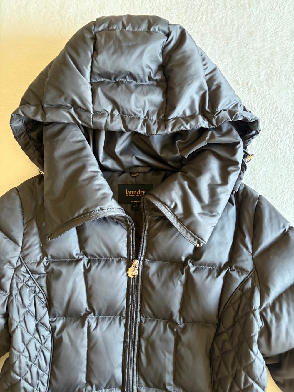 Laundry Shelli Segal Womens S P Down Puffer Coat Long Hooded Faux Fur Gray
